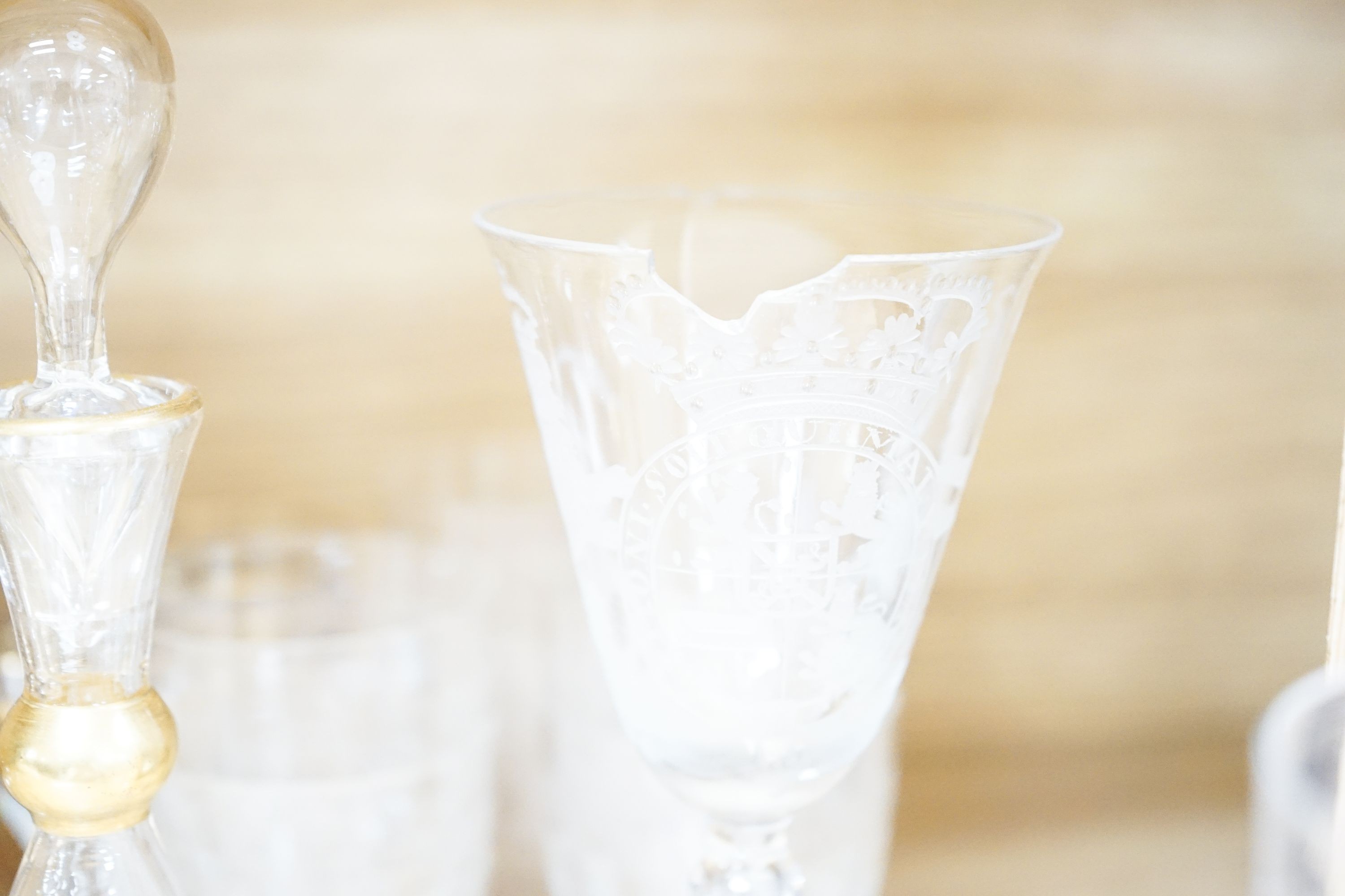 Drinking and other glassware, including an 18th wine glass with an engraved armorial (AF)